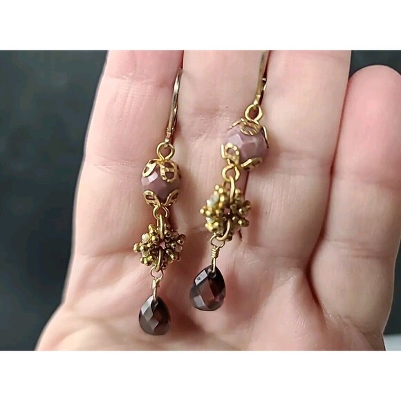 Pink Beaded Dangling Pierced Earrings Vintage Gold Tone Metal - Picture 1 of 10